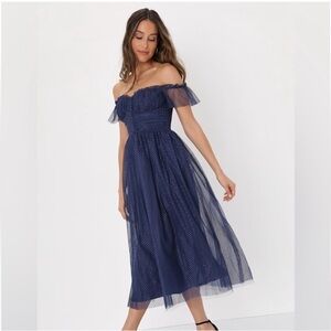 Lulus Regal Radiance Navy Blue Tulle Bustier Midi Dress NWT
